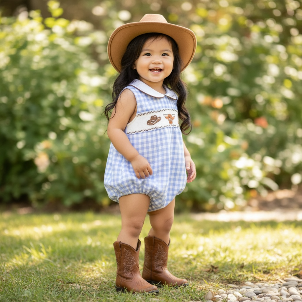 Blue Gingham Western Baby Romper | Unisex Heirloom Outfit