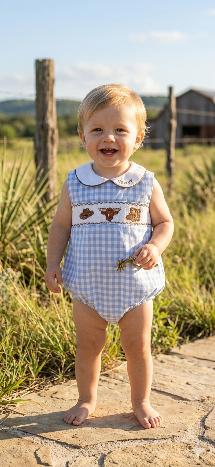 Blue Gingham Western Baby Romper | Unisex Heirloom Outfit