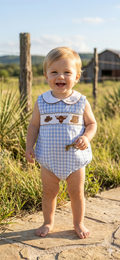 Blue Gingham Western Baby Romper | Unisex Heirloom Outfit