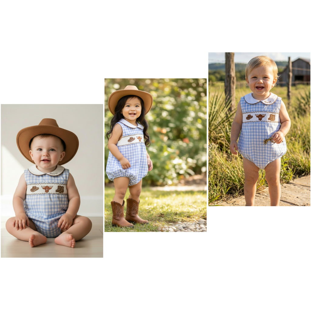 Blue Gingham Western Baby Romper | Unisex Heirloom Outfit