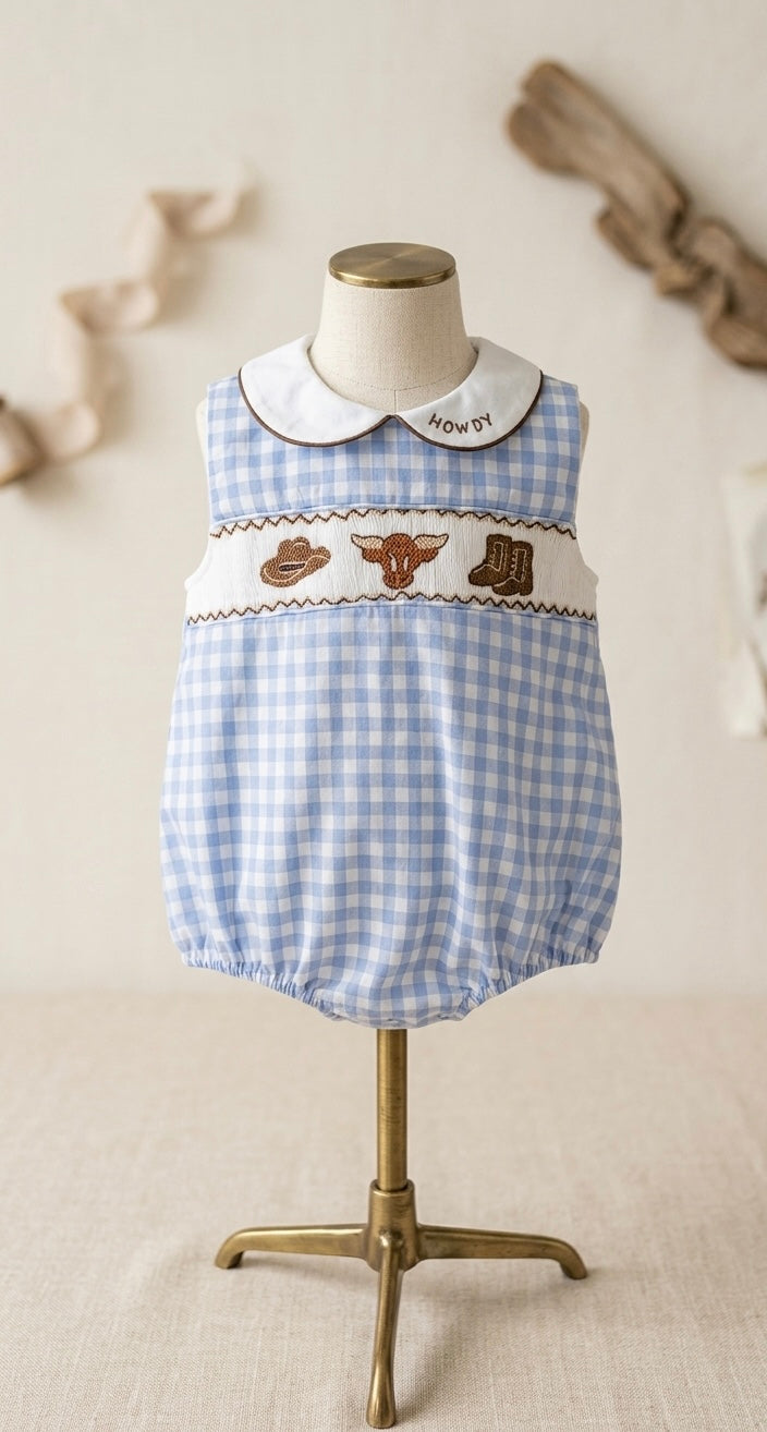 Blue Gingham Western Baby Romper | Unisex Heirloom Outfit