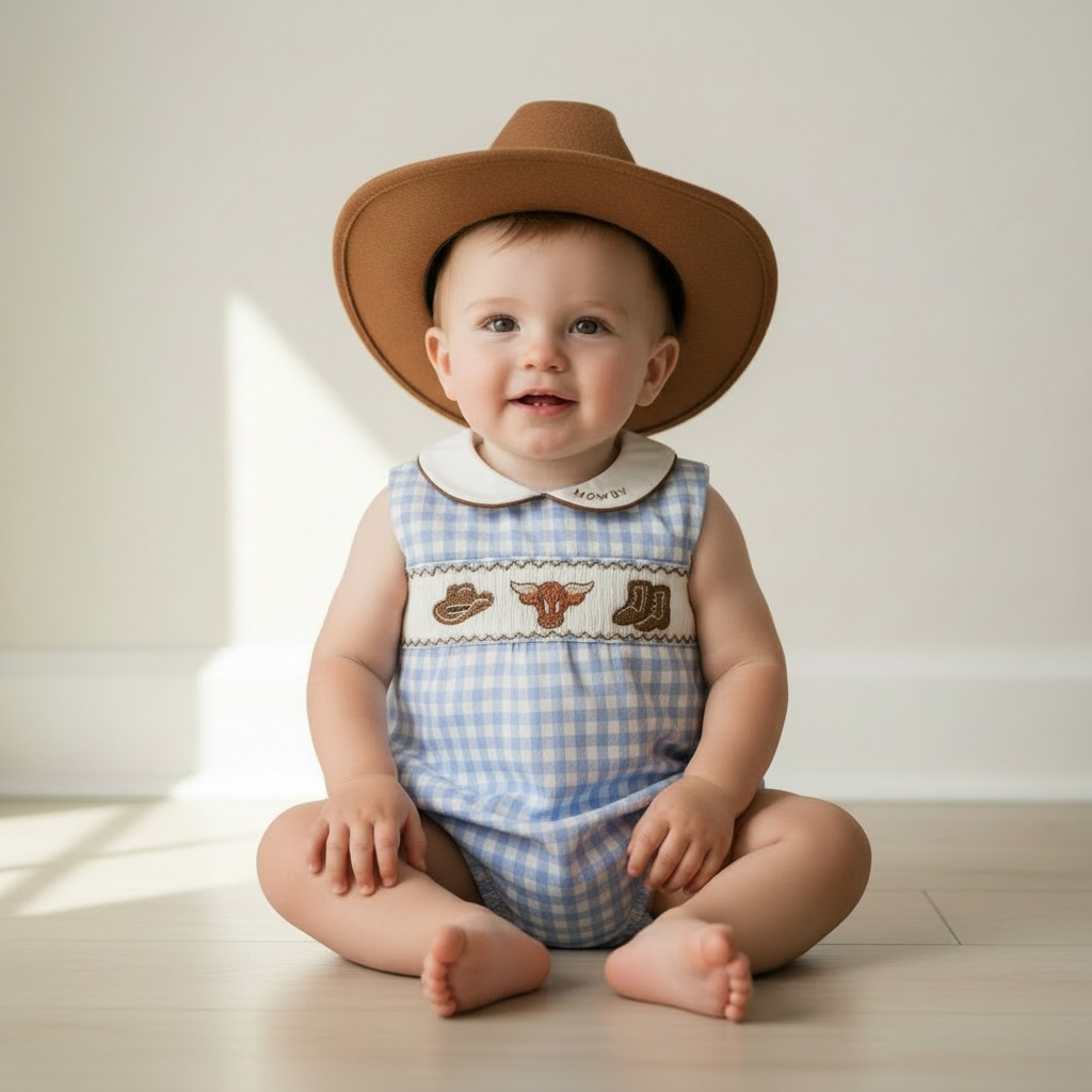 Blue Gingham Western Baby Romper | Unisex Heirloom Outfit