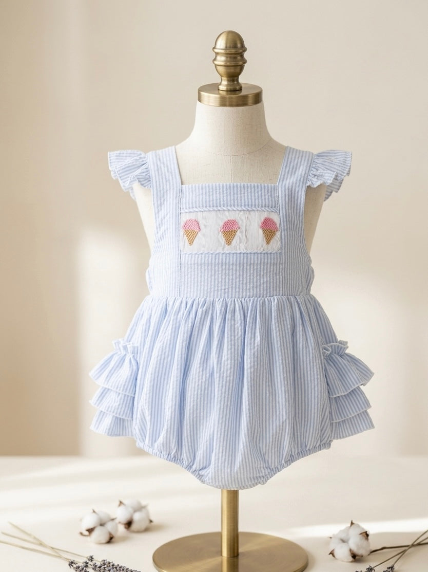 Ice Cream Smocked hand embroidered bubble romper with ruffles