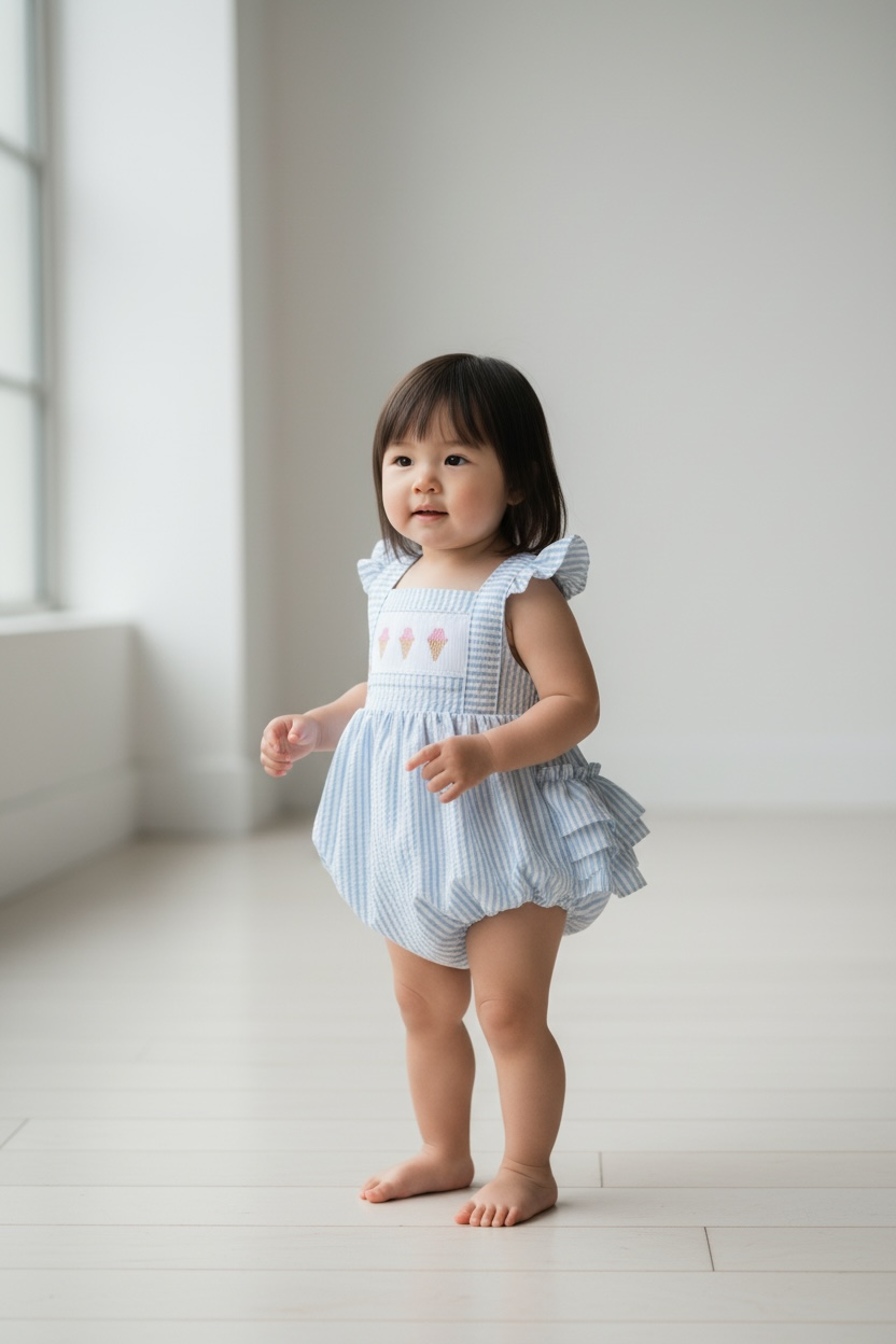 Ice Cream Smocked hand embroidered bubble romper with ruffles