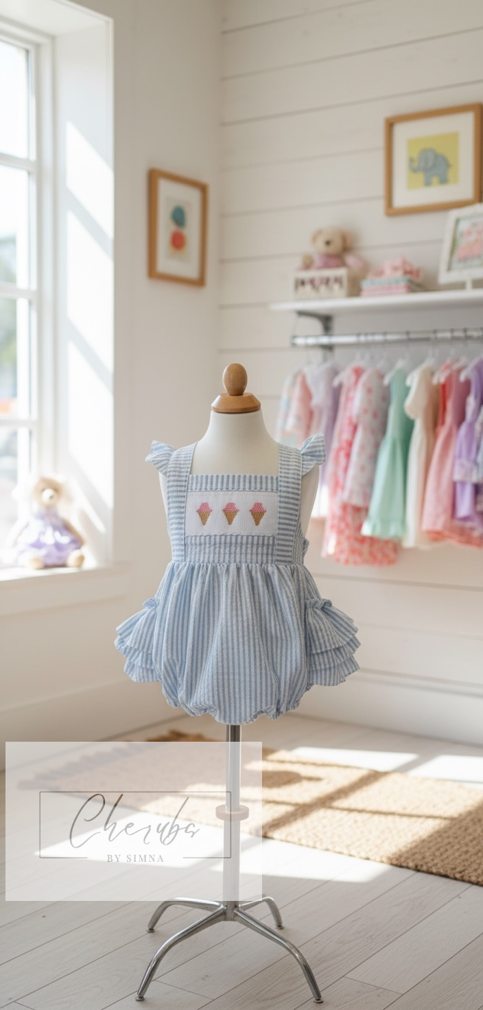 Ice Cream Smocked hand embroidered bubble romper with ruffles