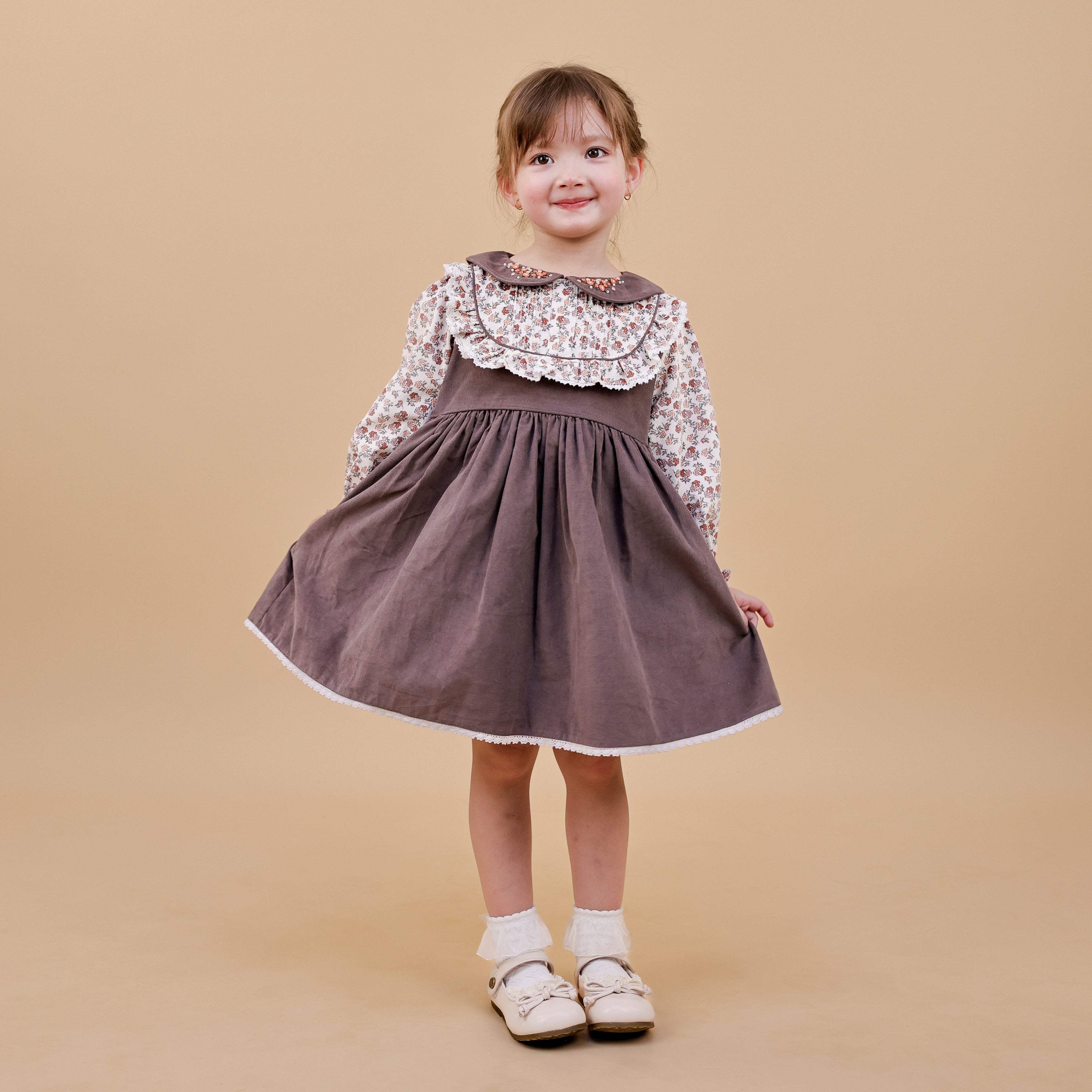 Dusty Rose Corduroy Floral Collar Dress